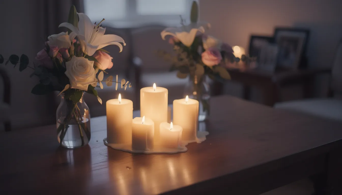 A serene memorial gathering with soft candlelight illuminating fresh flowers arranged thoughtfully, offering a compassionate space for loved ones.