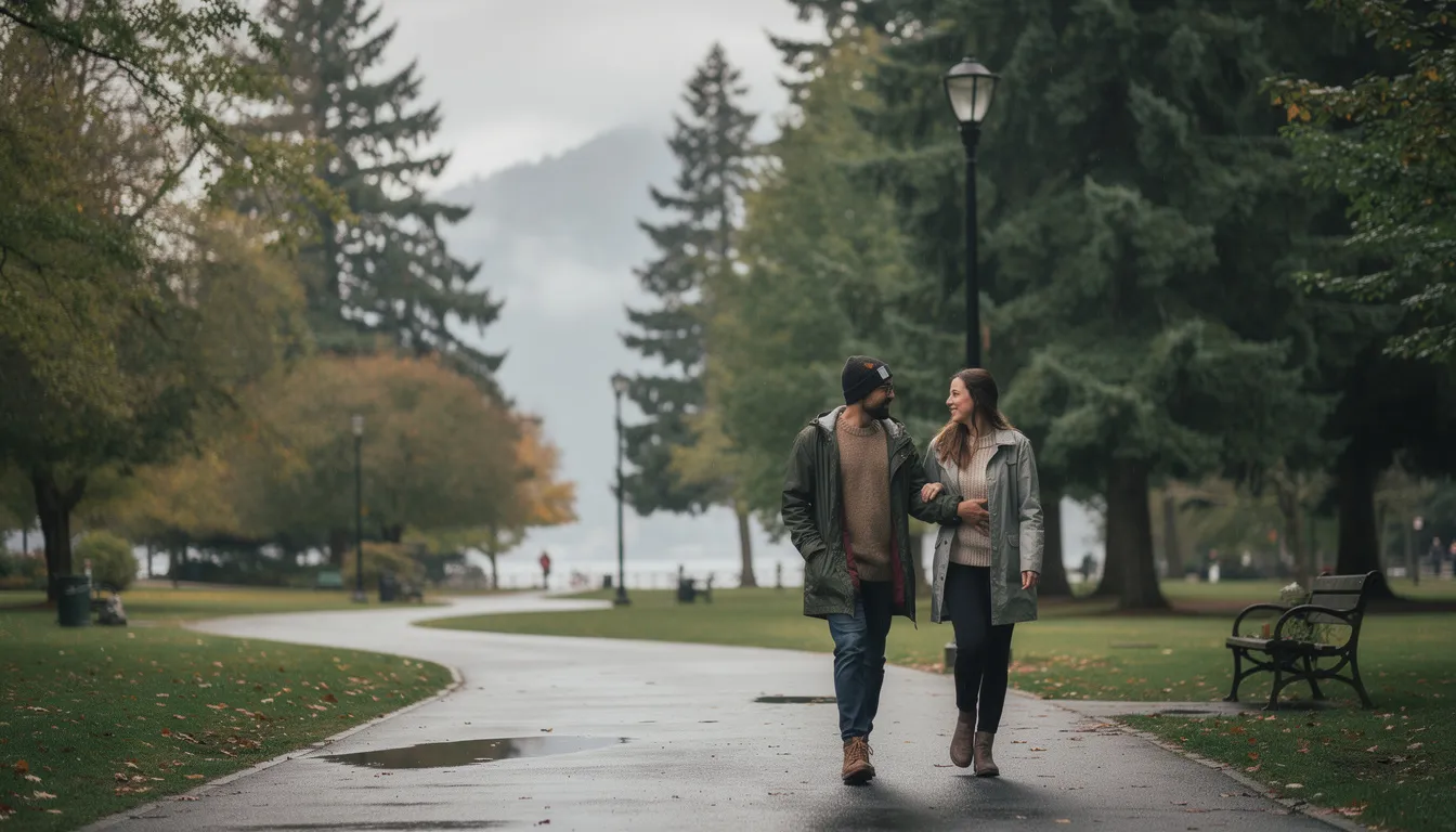 Two people walking together in a peaceful Vancouver park, surrounded by lush greenery and trees, symbolizing companionship and support during the grieving process.