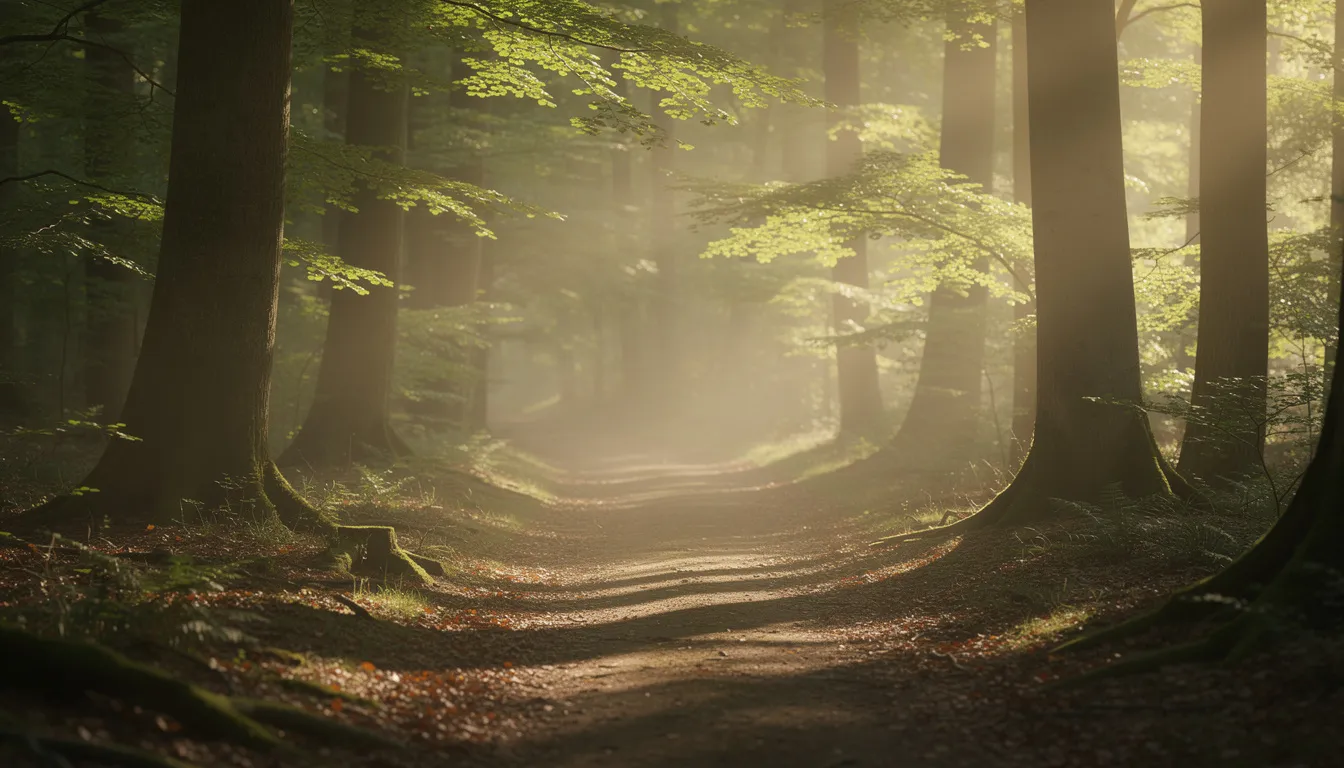 A serene forest path illuminated by soft morning light filtering through the trees, creating a tranquil atmosphere ideal for reflection and remembrance.