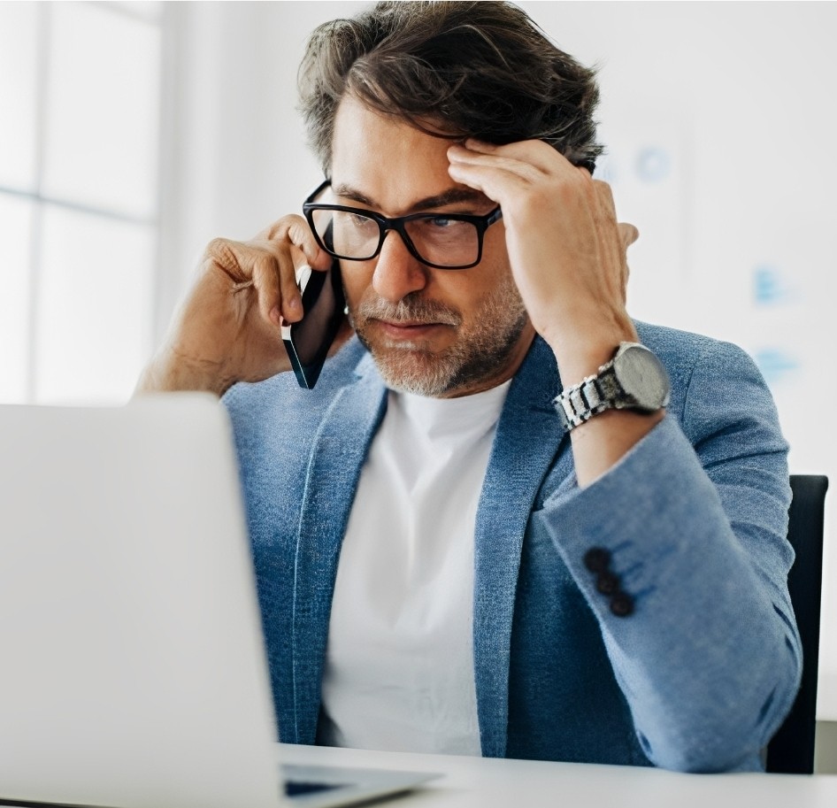 Stressed executor on the phone managing paperwork without Final Documents Service