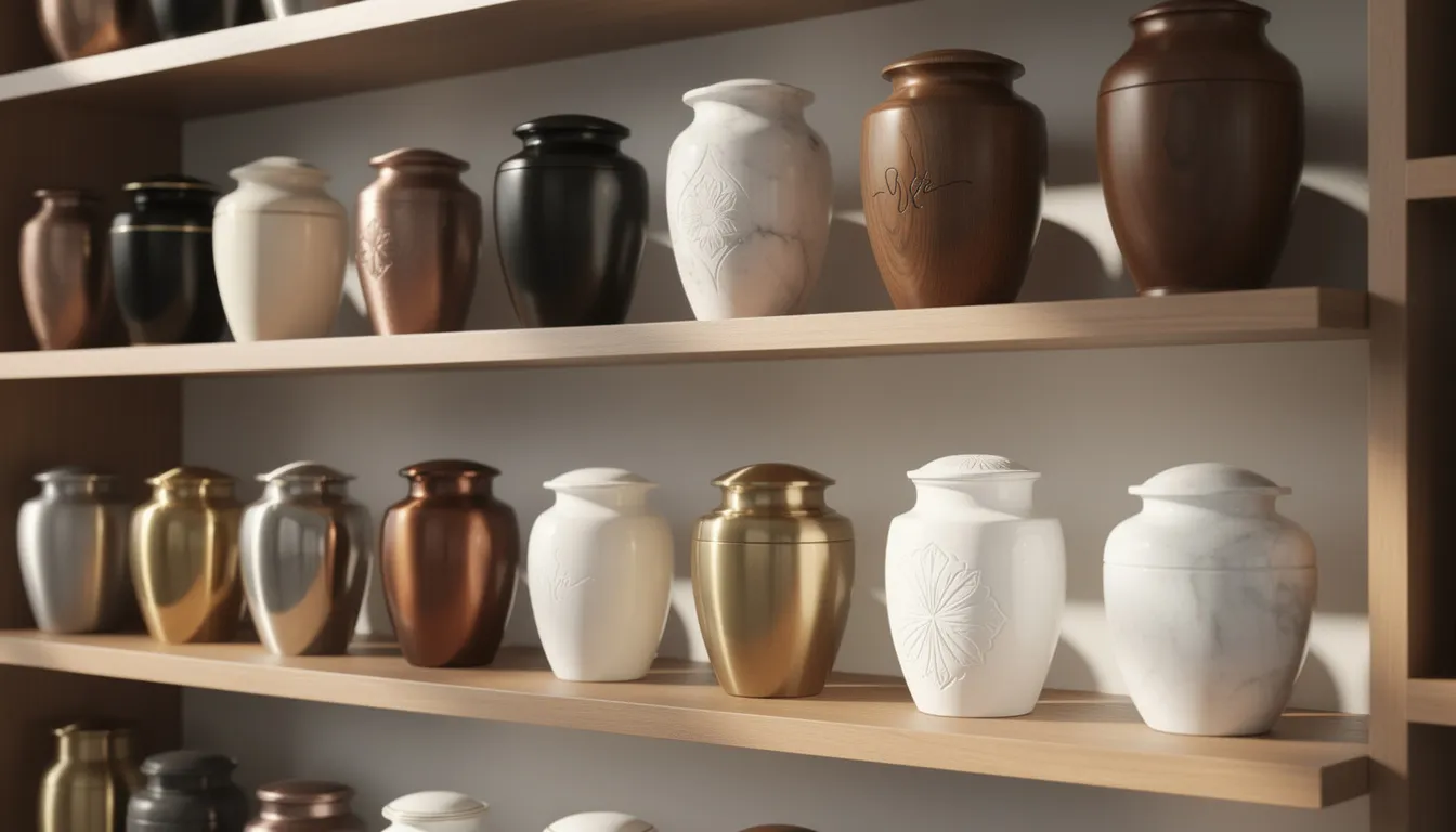 A variety of cremation urns elegantly displayed on wooden shelving, showcasing different designs and materials used for holding loved one's cremated remains.